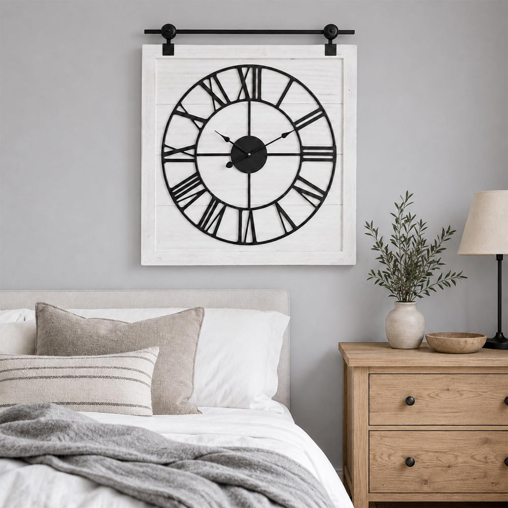 Farmhouse Barn Door Wall Clock 30 Inch, Silent Decorative Clock