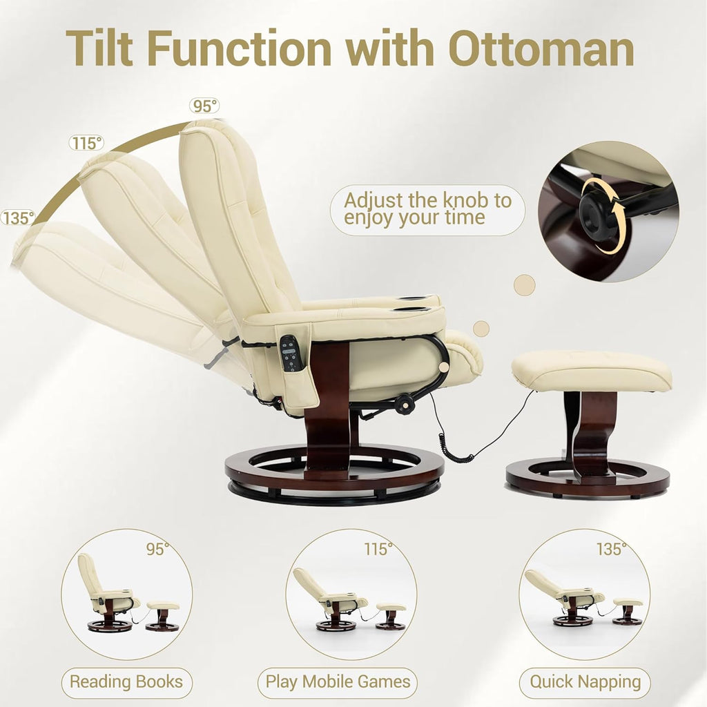 Modern Reclining Lounge Chair and Ottoman — Beige PU Leather