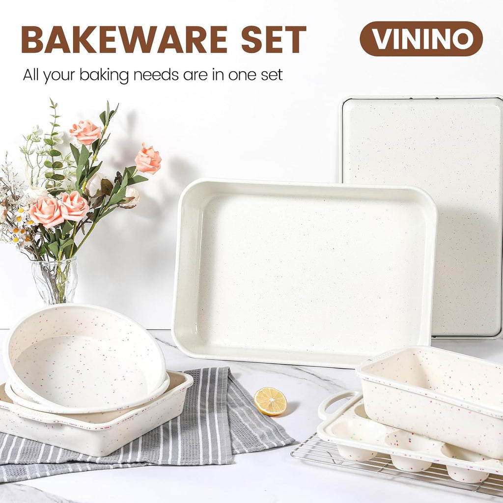 8-Piece Pans Set Nonstick, Bakeware Set includes Silicone Muffin, Loaf, Cake Pans with Metal Reinforced Frame, and