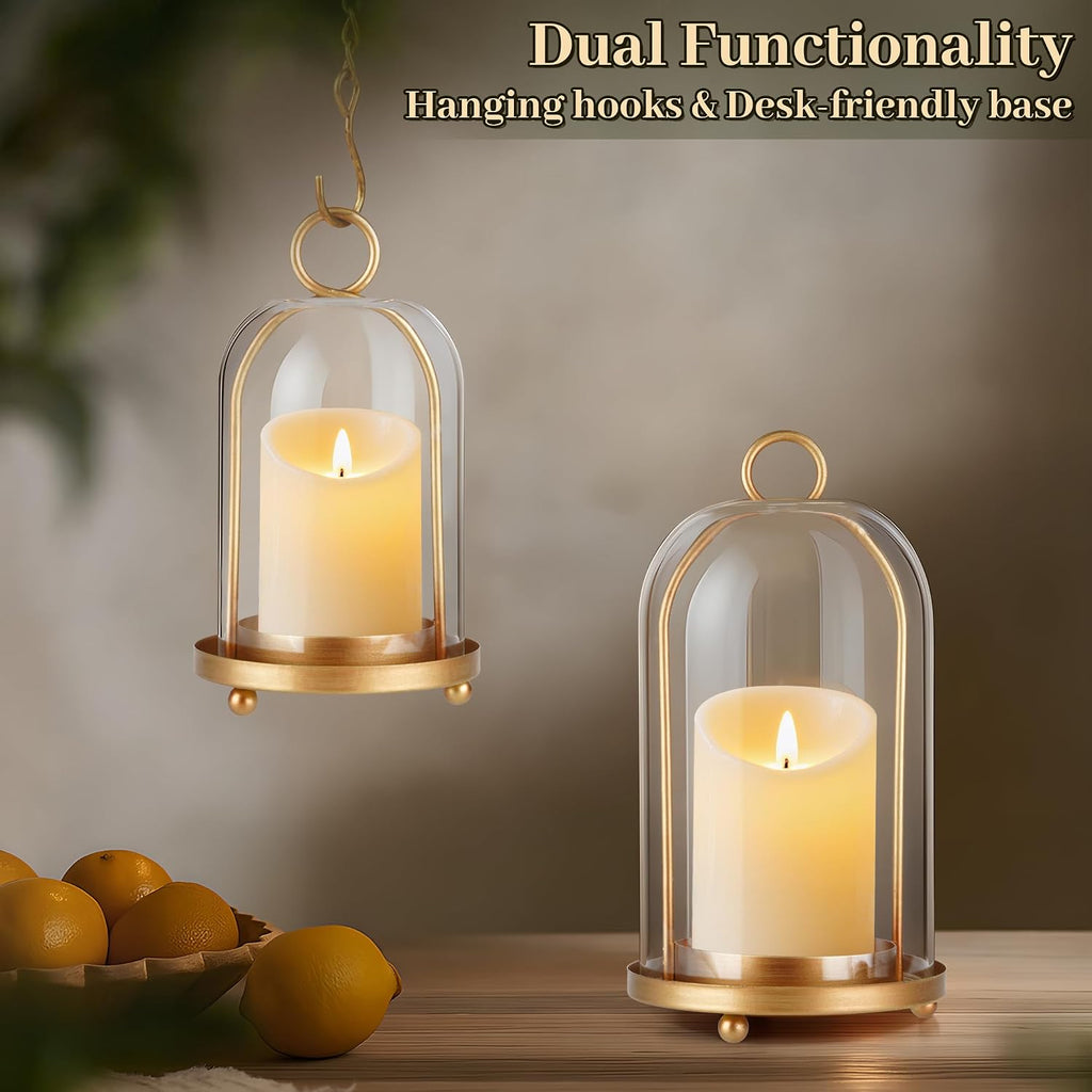 Glass Hurricane Candle Holder Decorative Gold Candle Lantern, Pillar Candlestick Holders Set of 2, Hanging Metal