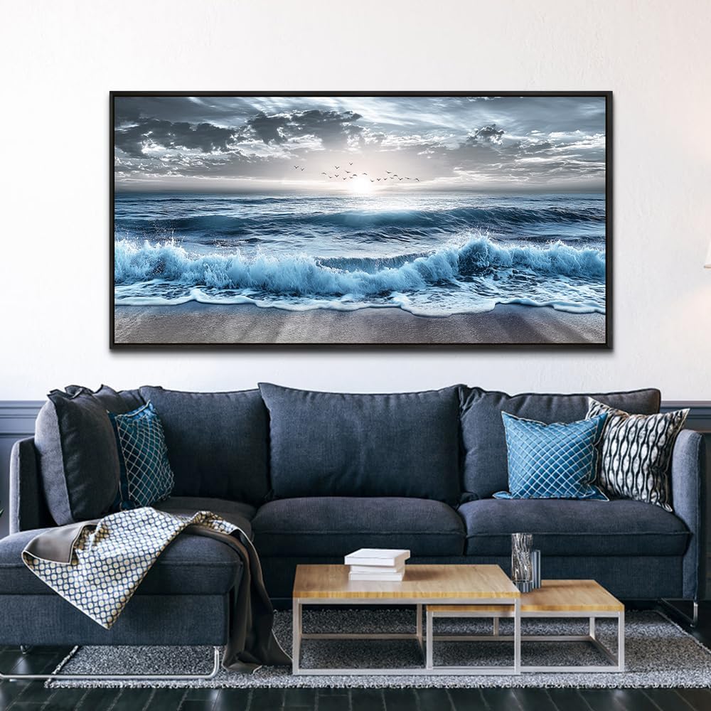 Large Wall Decor Wall Art Office Decor Blue Beach Sea Wave Paintings Sunrise Ocean Seascape Wall Pictures Canvas