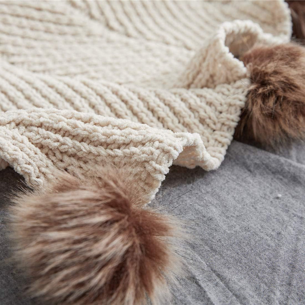 Fur Pom Pom Knit Throw Blanket Super Soft Warm Cozy Cable Knitted Blanket