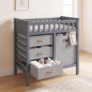 Wooden Baby Changing Table with Comfy Changing Pad, 3 Fabric Drawers, Laundry Hamper, Safety Belt, Diaper Station
