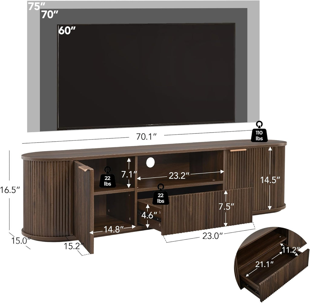 70" Fluted TV Stands for Living Room for TVs Up to 80", Mid Century Modern Entertainment Center with Drawers, TV