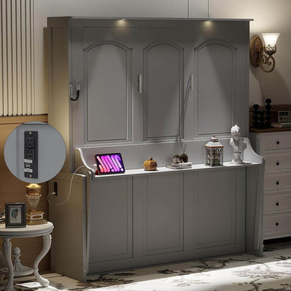 Queen Murphy Bed with Desk, LED Lights and USB Charging Ports, Wall-Mounted Space-Saving Bed, Solid MDF + Plywood