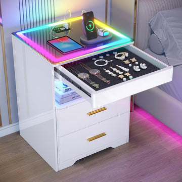 LED Nightstand with RGB Lights - Smart Night Stand with Charging Station, Modern Bedside Table with Tempered Glass
