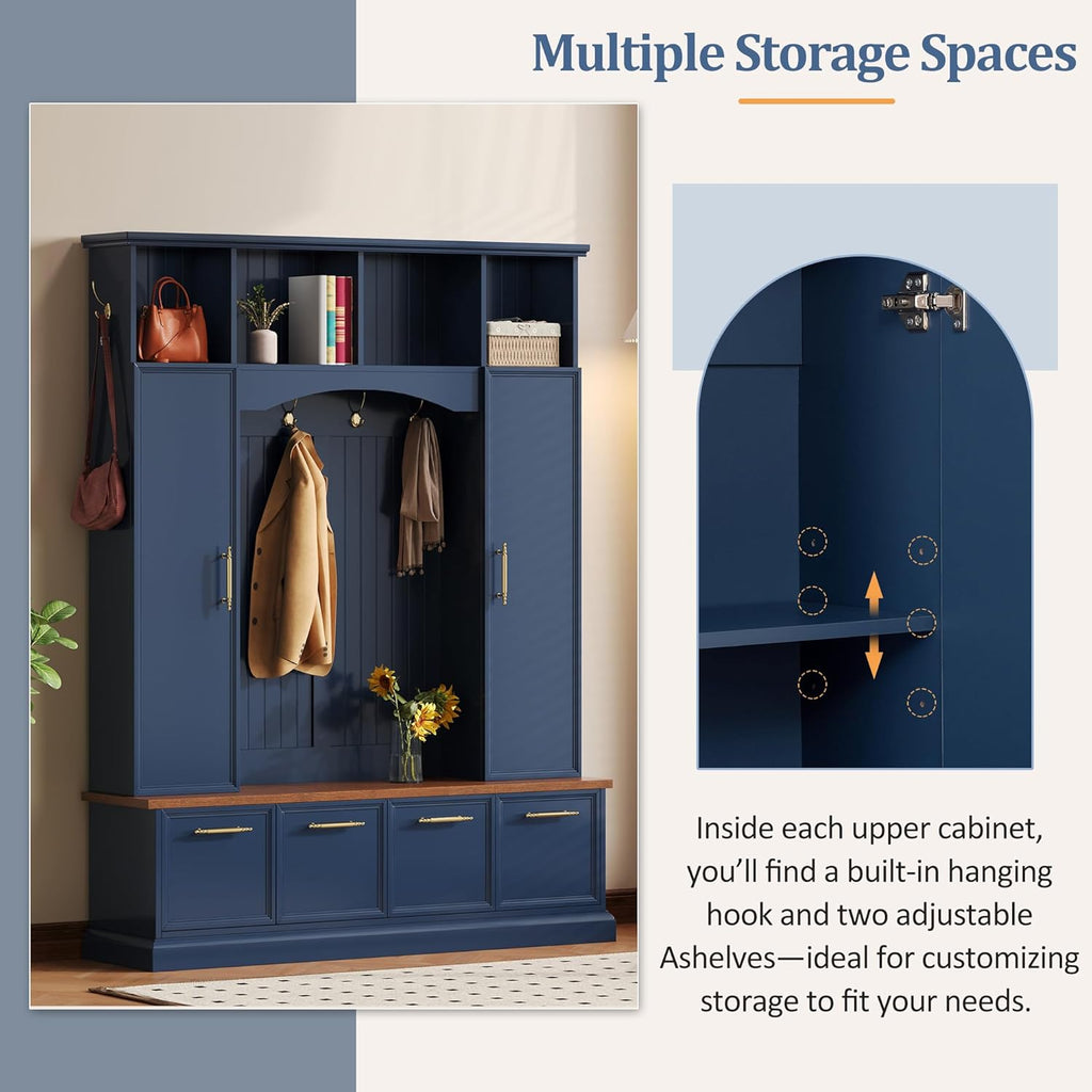 59" Farmhouse Hall Tree with Golden Hooks & Walnut Bench, Entryway Organizer with Adjustable Shelves, Shoe Storage