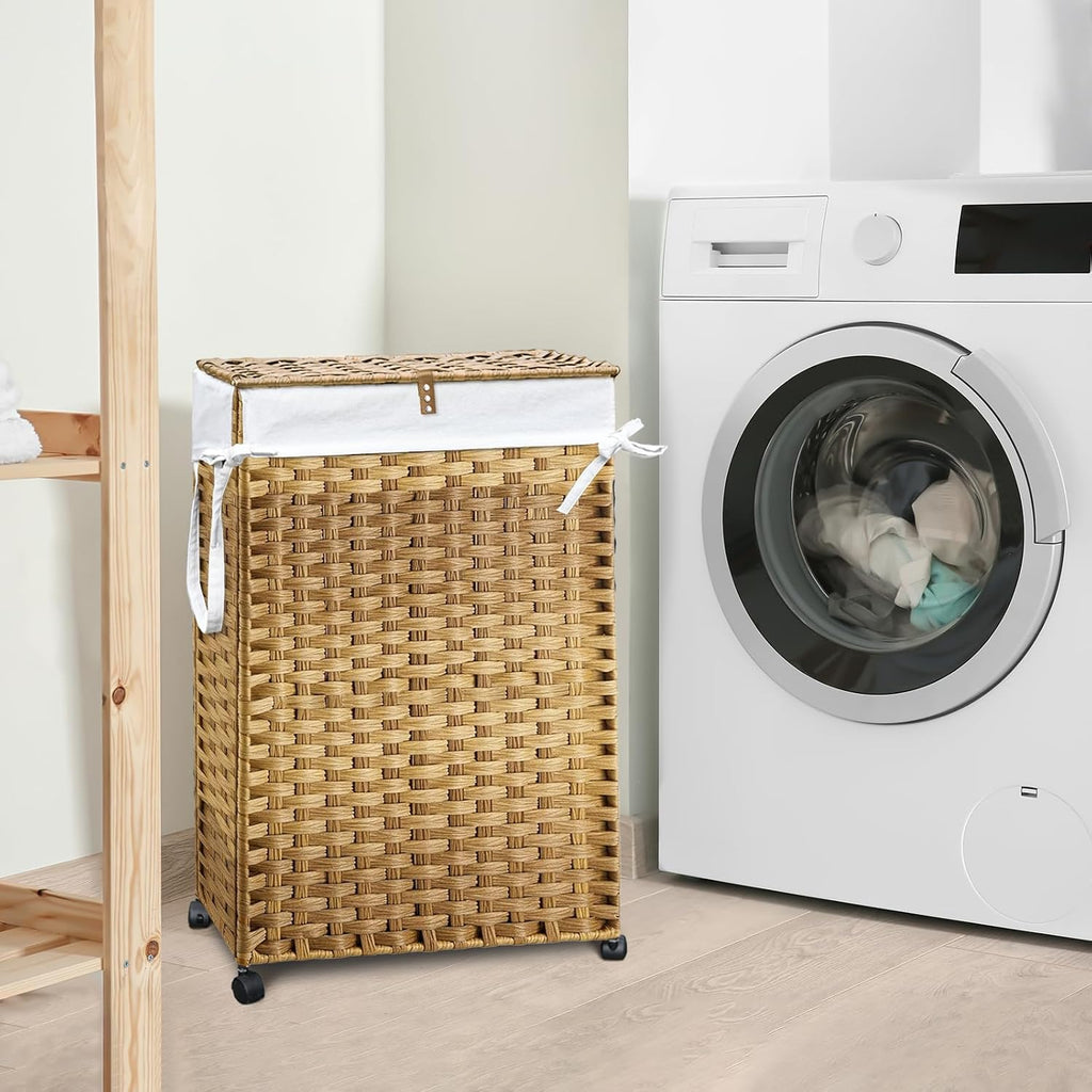 70L Slim Laundry Hamper with Lid & Wheels, Rolling Laundry Basket with 2 Removable Liner Bags & 3 Mesh Bags, Narrow
