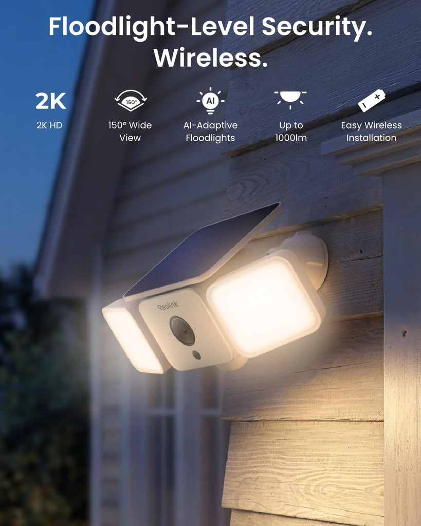 Solar Floodlight Security Cameras Wireless Outdoor, Up to 1000lm | AI/PIR Motion-Activated Floodlight, 2K 150° Color