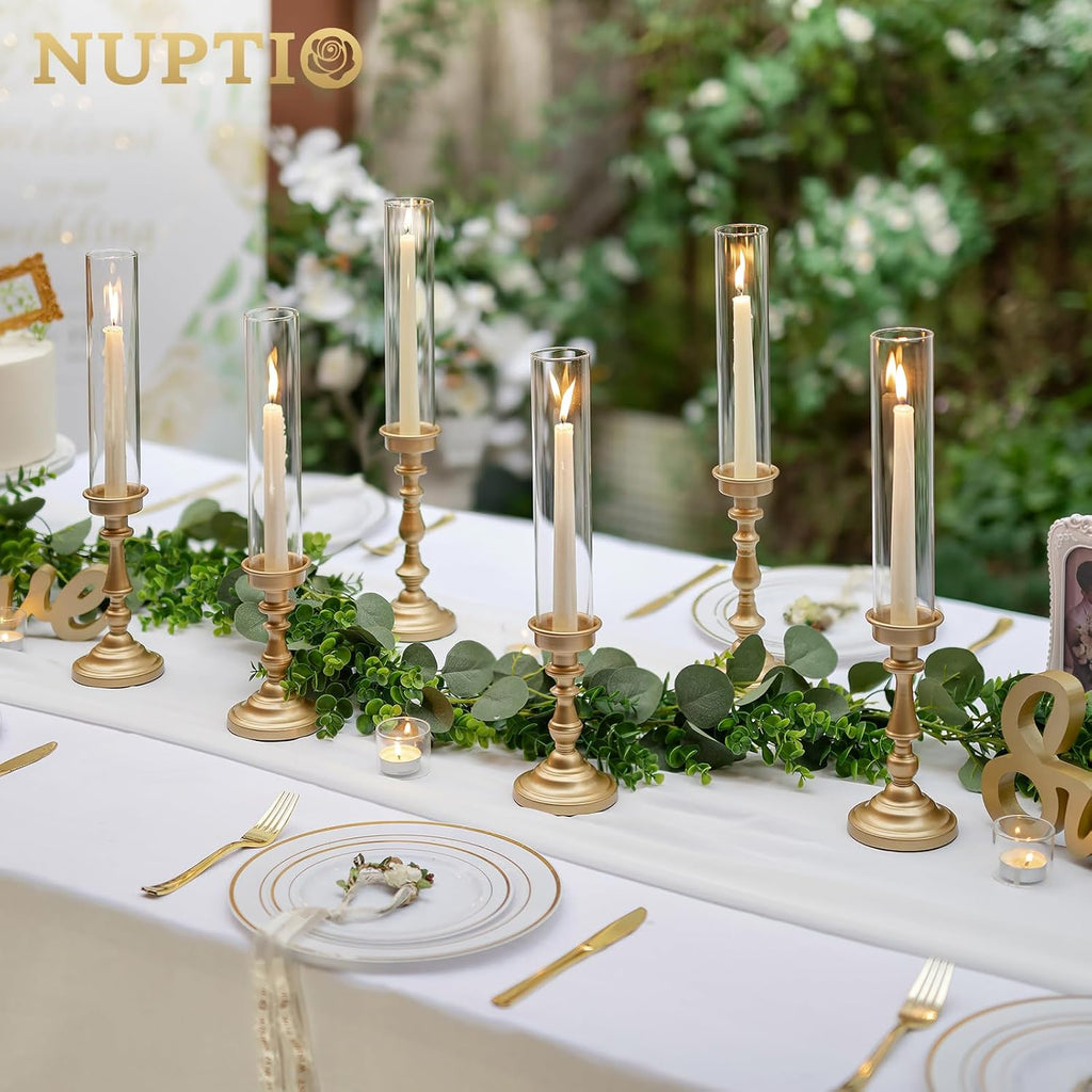 Gold Candlestick Holders Bulk: Set of 6 Tall Hurricane Glass Taper Candleholders - Vintage Candles Stick Stand for