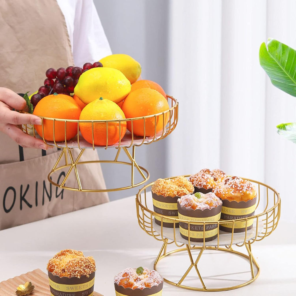 Metal Wire Fruit Basket, 9 inch Pedestal Fruit Bowl with Marble Tray, Decorative Iron Wire Bread Snacks Holder