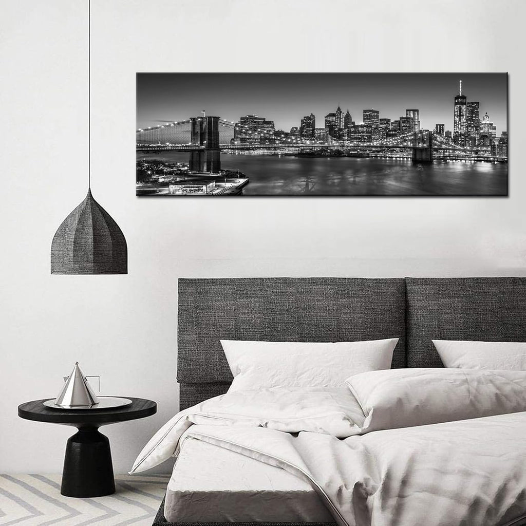Black and White Brooklyn Bridge Canvas Wall Art New York City Picture Print Manhattan Night Skyline Painting on