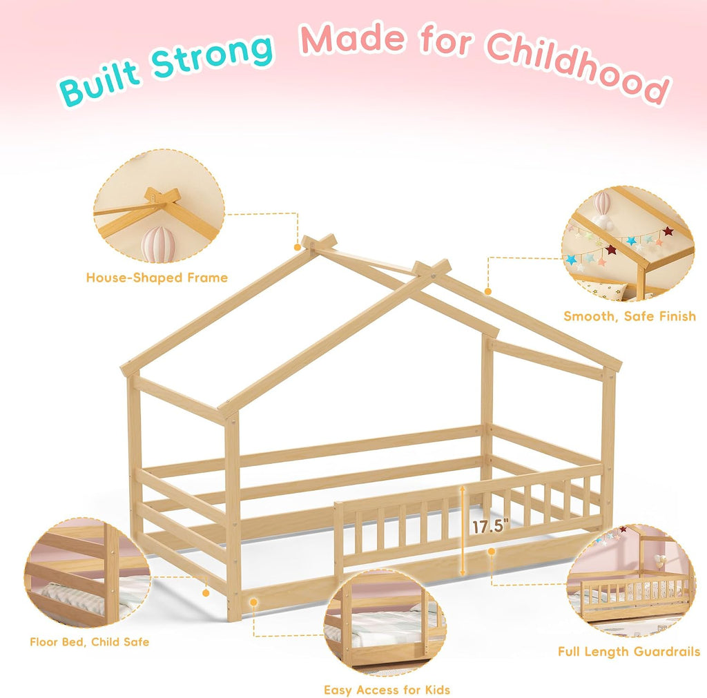 Twin Size House Bed for Kids, Twin Montessori Floor Bed with Roof and Guardrails, Solid Wood Low-Profile Frame