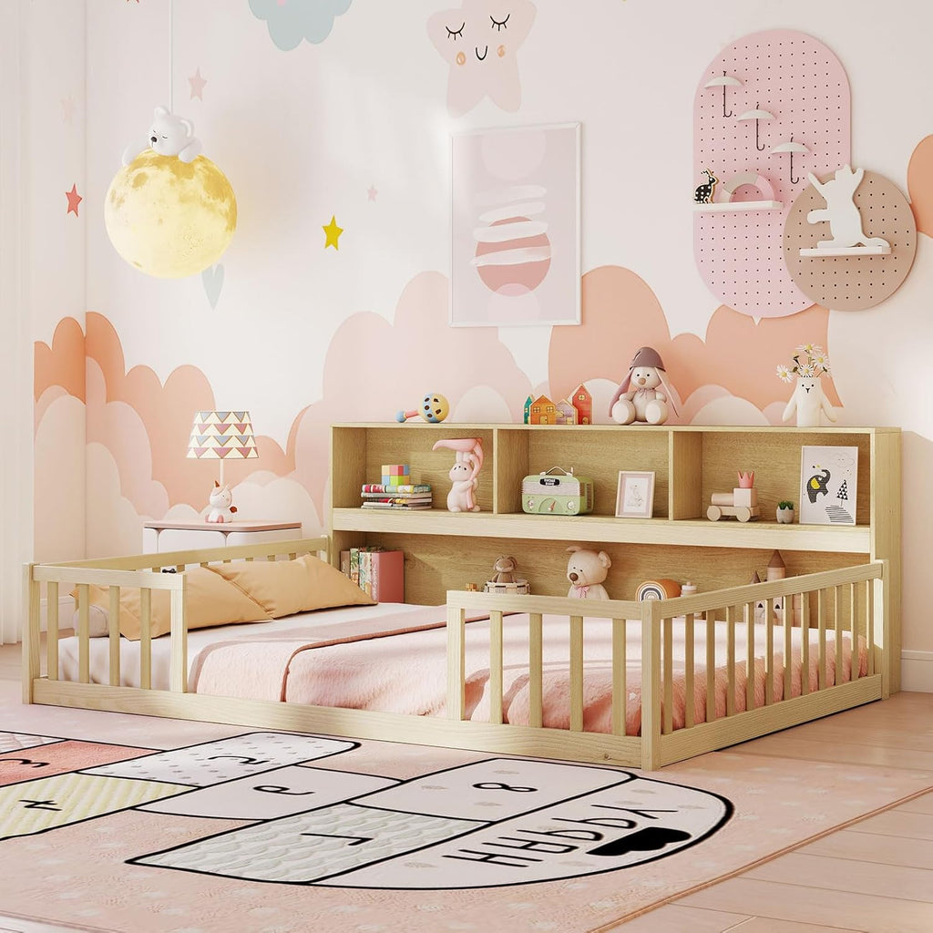 Full Size Floor Bed for Kids, Wooden Montessori Bed Frame with Bookcase, Storage Shelves & Safety Fence Rails, Floor