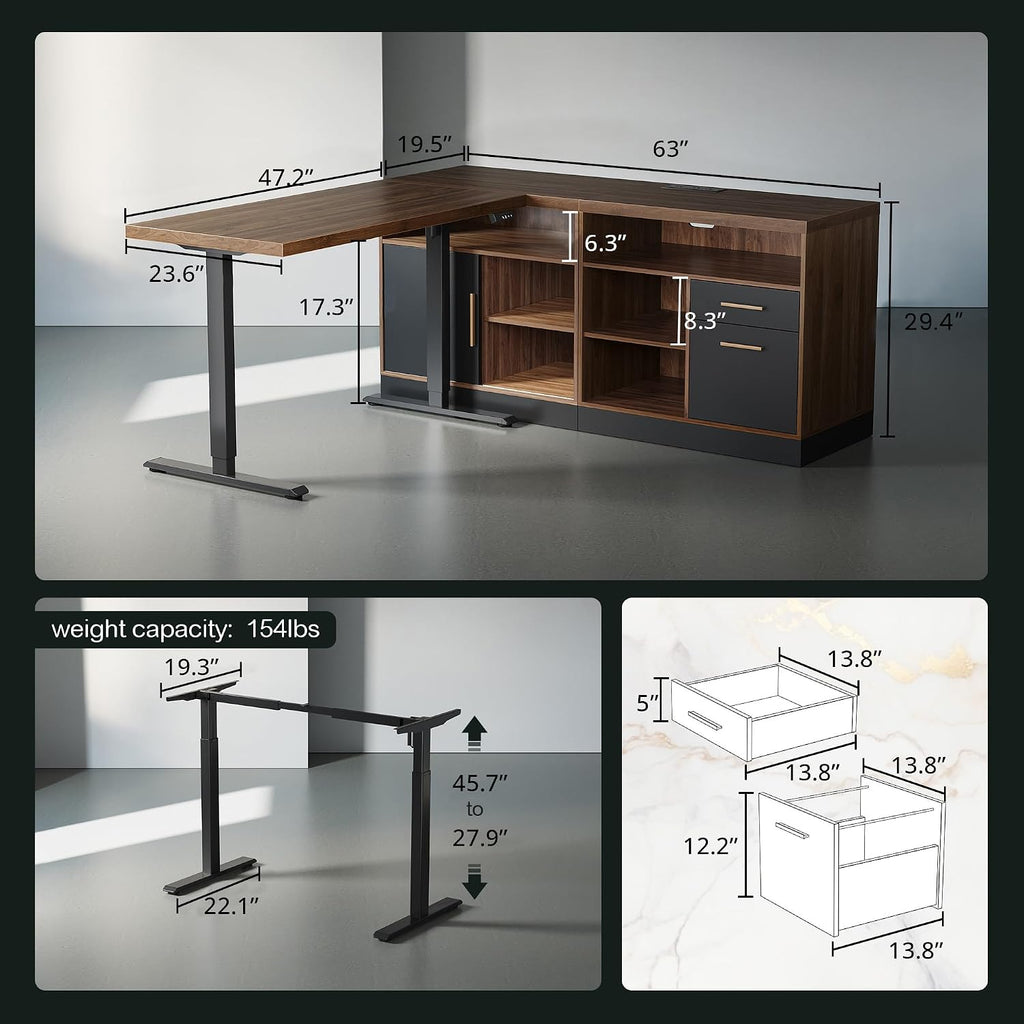 67" L Shaped Executive Standing Desk with Drawer Storage