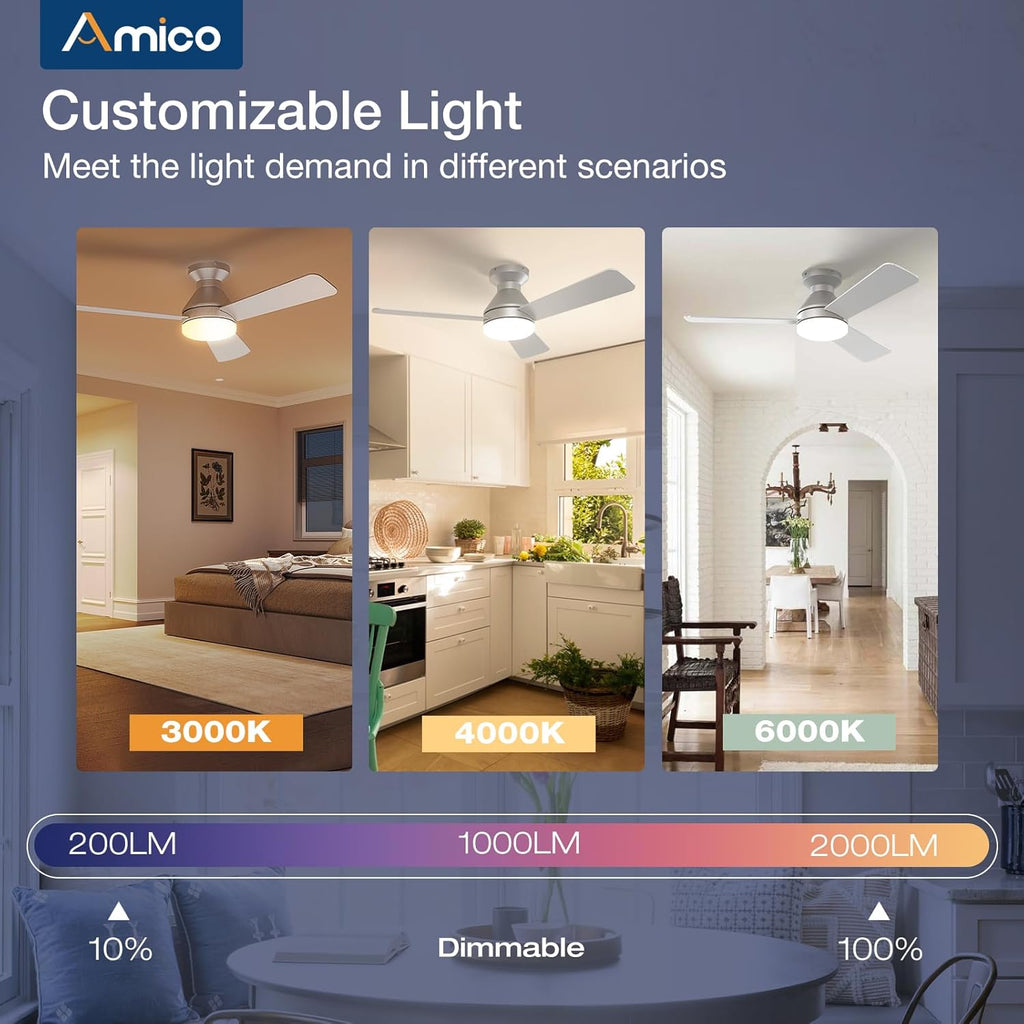 Ceiling Fans with Lights, 42 inch Low Profile Ceiling Fan with Light and Remote Control, Flush Mount, Reversible, 3CCT, Dimmable, Noiseless, Silver Ceiling Fan for Bedroom, Indoor/Outdoor Use