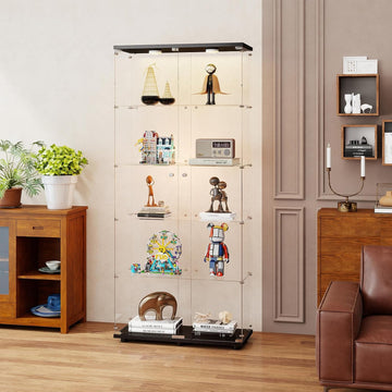 Glass Display Cabinet 5-Tier with LED Lights, Double Door, Black