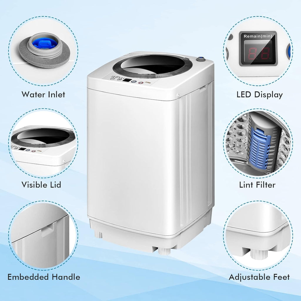 Portable Washing Machine, 8Lbs Capacity Full-automatic Washer with 6 Wash Programs, LED Display, 3 Water Levels