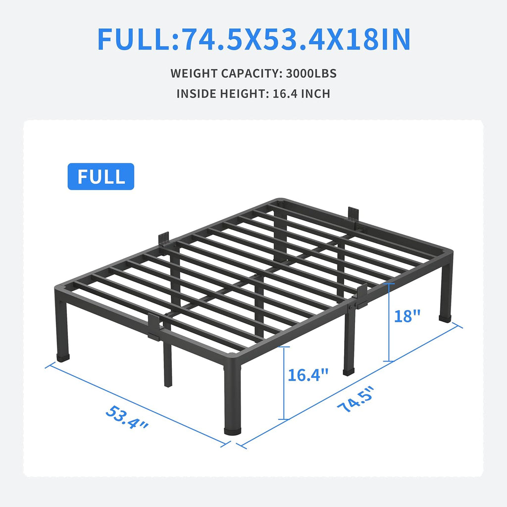 18 Inch Full Bed Frame with Round Corner Legs Mattress Slide Stopper No Box Spring Needed Heavy Duty Metal Platform