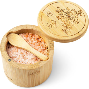 Bamboo Salt Cellar Storage Box, Bowl with Magnetic Swivel Lid and Spoon, Wooden Container for Countertop, Holder