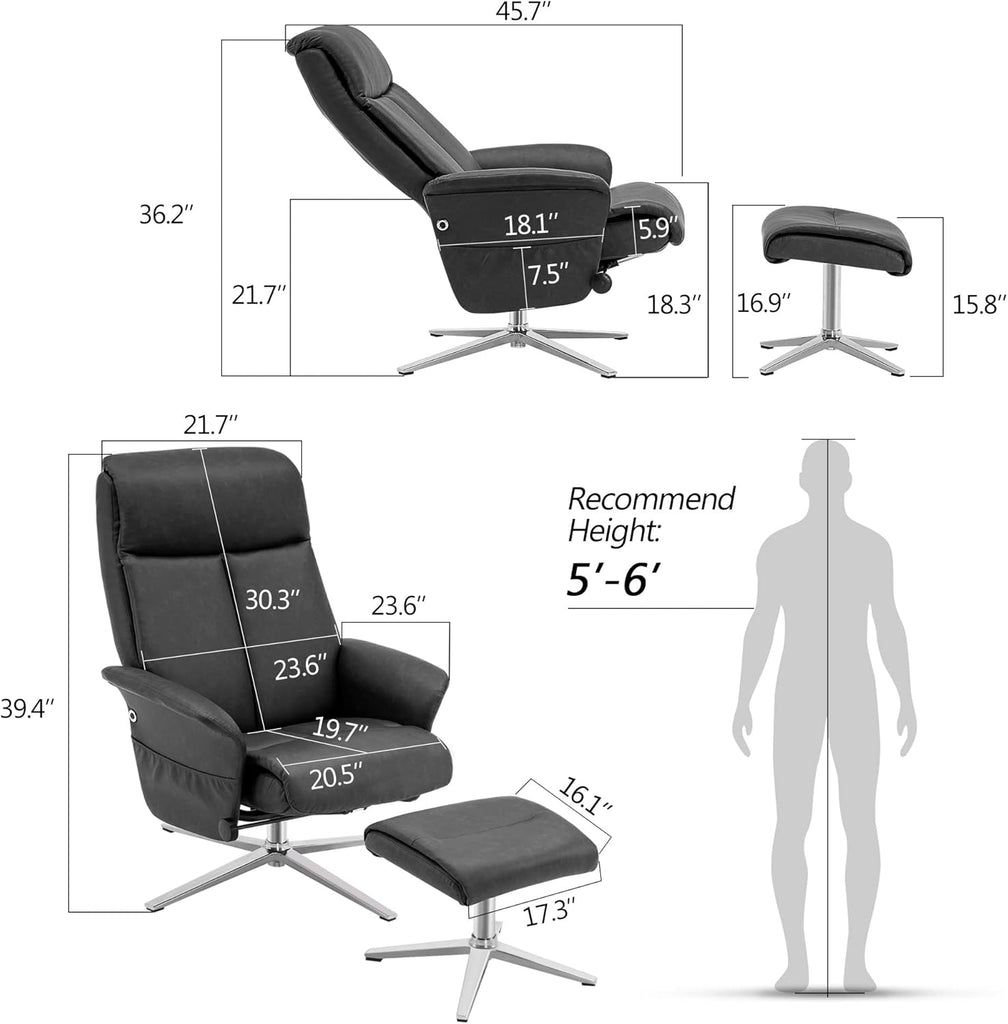 Modern Reclining Swivel Lounge Chair and Ottoman — Grey Faux Leather