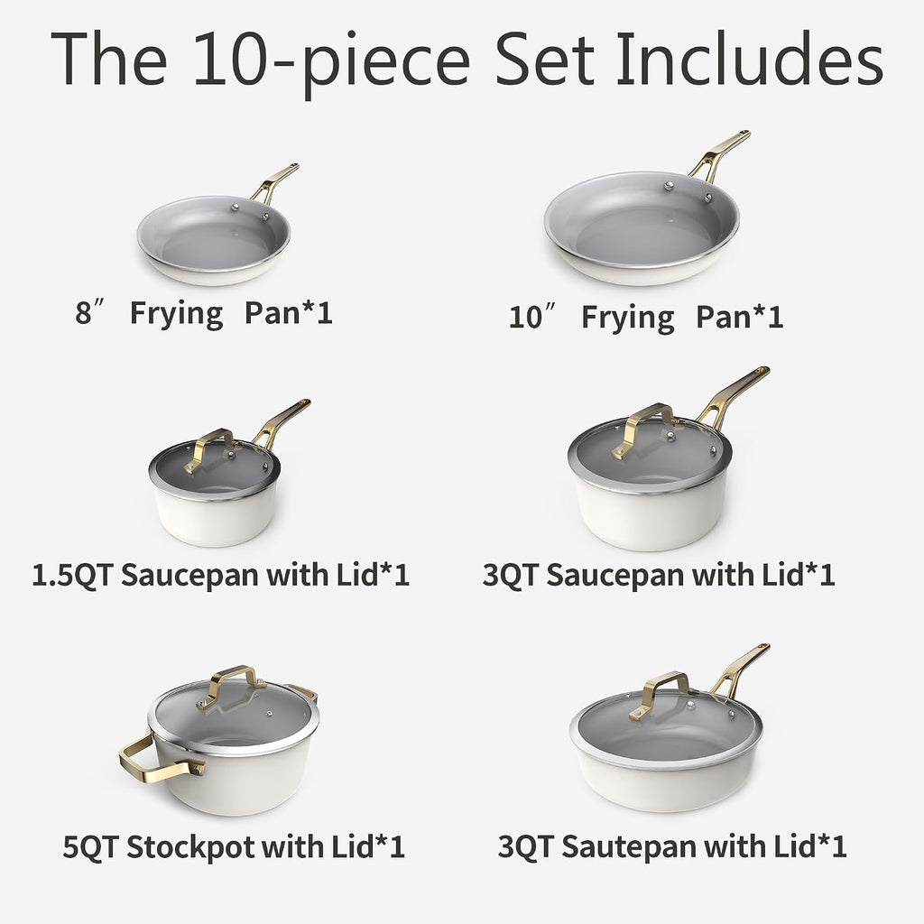 White 10 Piece Ceramic Cookware Set | Pots Pans for Family Meals | Include saucepan, saute pan, stockpot, frying