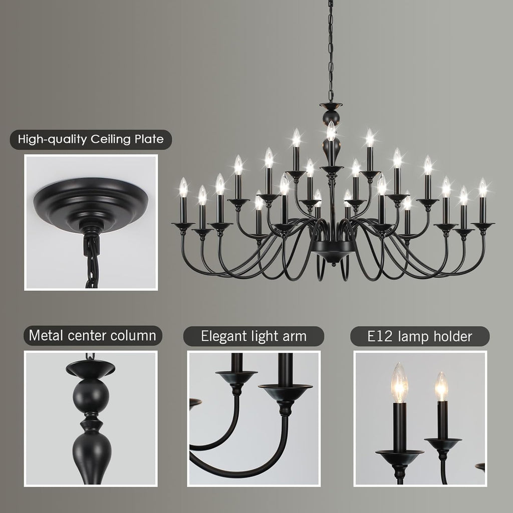 Black Chandelier 21 Light, Large Farmhouse Chandeliers for Dining Room Light Fixtures Over Table, 3 Tier Industrial Candle Hanging Lighting Fixture for Living Room Foyer Staircase Restaurant Villa