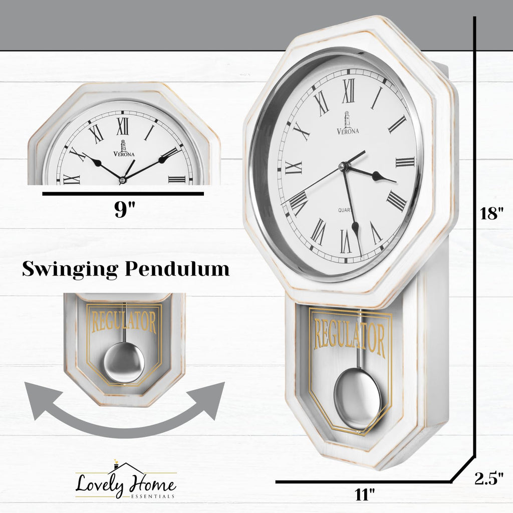 Pendulum Wall Clock, Real Wood Regulator Clock, White, Quiet Non-Chiming