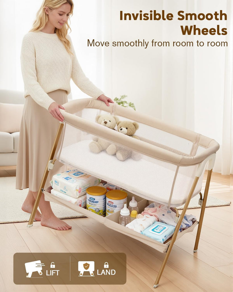 Bassinet, Bedside Bassinet for Baby | Bassinet Bedside Sleeper with Mattress, Storage Basket and 4 Auto-Lock Wheels