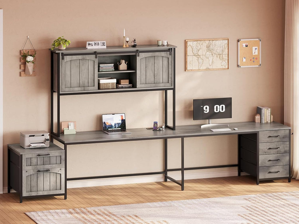 Farmhouse L Shaped Office Desk with 6 Drawer, Reversible Computer Desk with Power Outlet, Hutch/Two Person