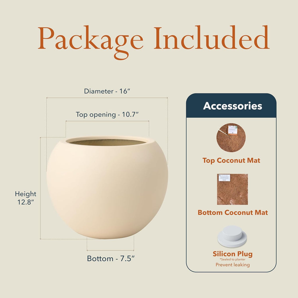 12.8" H x 16" D Premium Globo Fiberstone Planter - Kilim Beige | 10.7" Pot Opening, Included 2 Extra Coco Mats