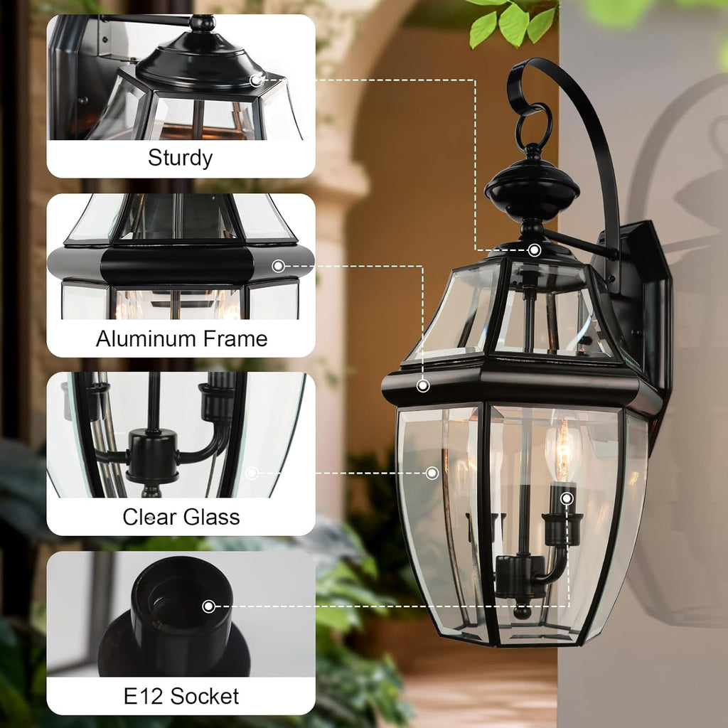 20 Inch Large Outdoor Wall Lantern, 2-Light with Clear Beveled Glass - Matte Black
