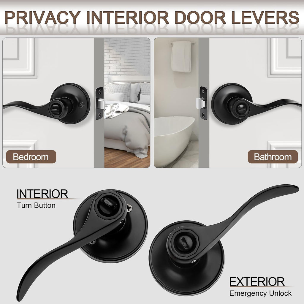 10 Pack Matte Black Door Handles Privacy Door Levers, Heavy Duty Bed and Bath Door Locks Interior Door Knobs
