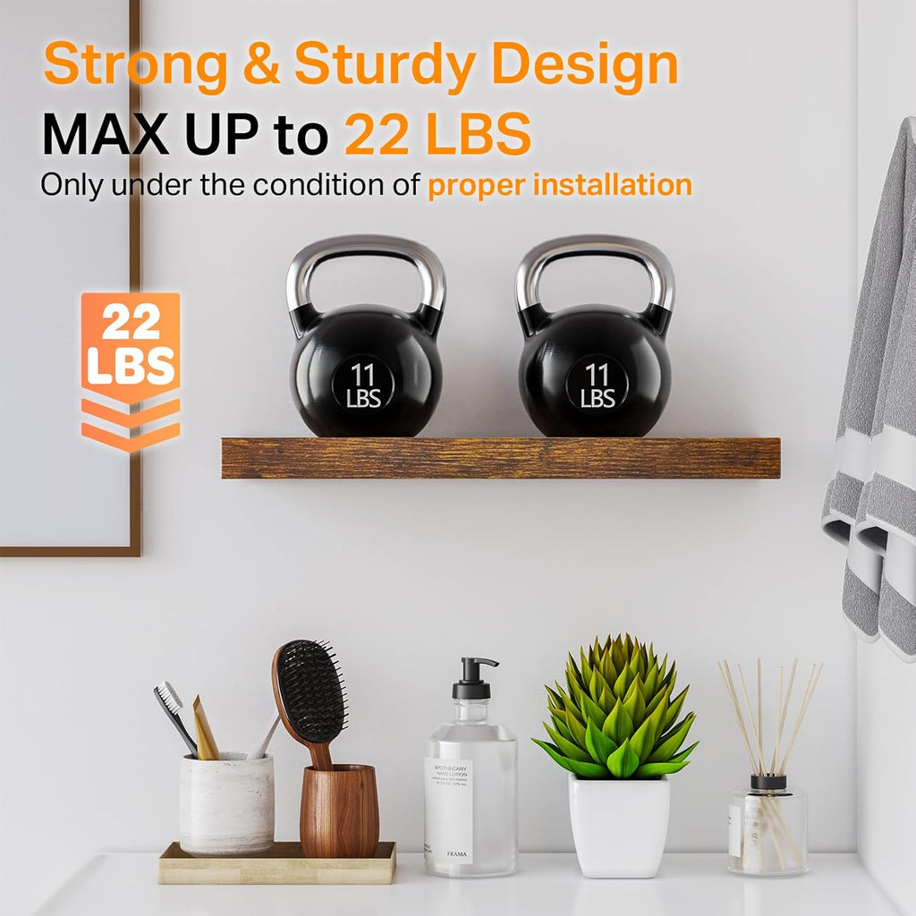 Rustic Brown Bathroom Floating Shelves, 15.7in, 3Pk, Wall Mount Shelf | 22lbs Max Load, Hidden Bracket, Bedroom