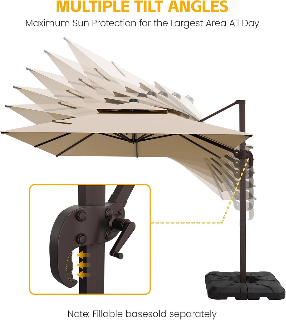 9x12 FT Patio Cantilever Umbrella with Base, Rectangular Heavy Duty Offset Umbrella for 6-8 People - Beige - 6D1G