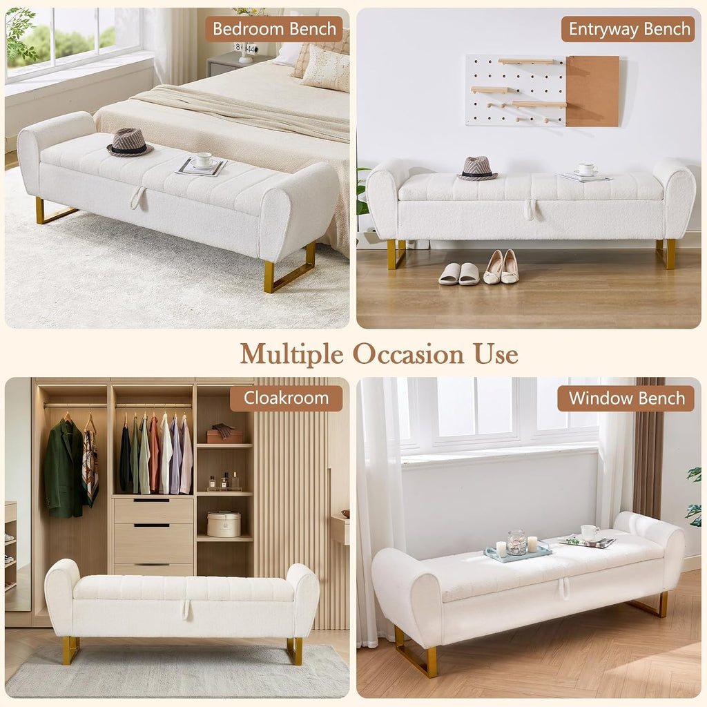 67'' King Size End of Bed Storage Bench ,Teddy Bedroom Benches for Foot of Bed King with Gold Legs, Storage Ottoman