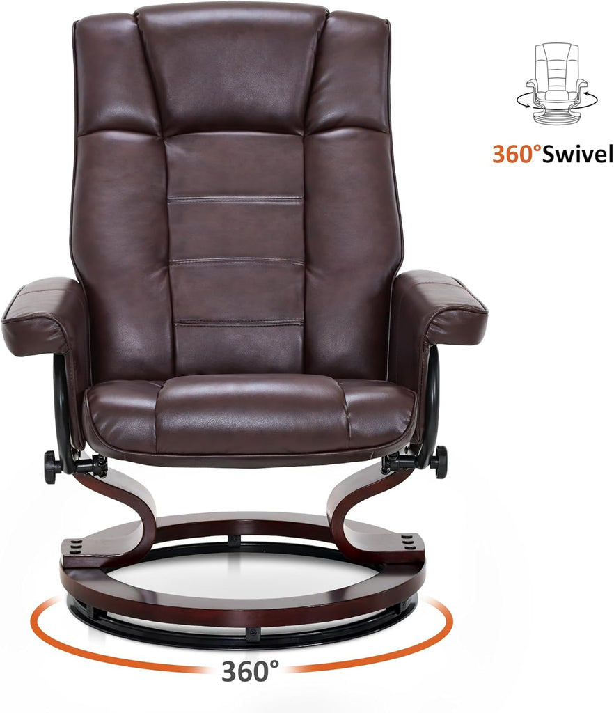 Modern Reclining Swivel Lounge Chair and Ottoman — Brown Faux Leather