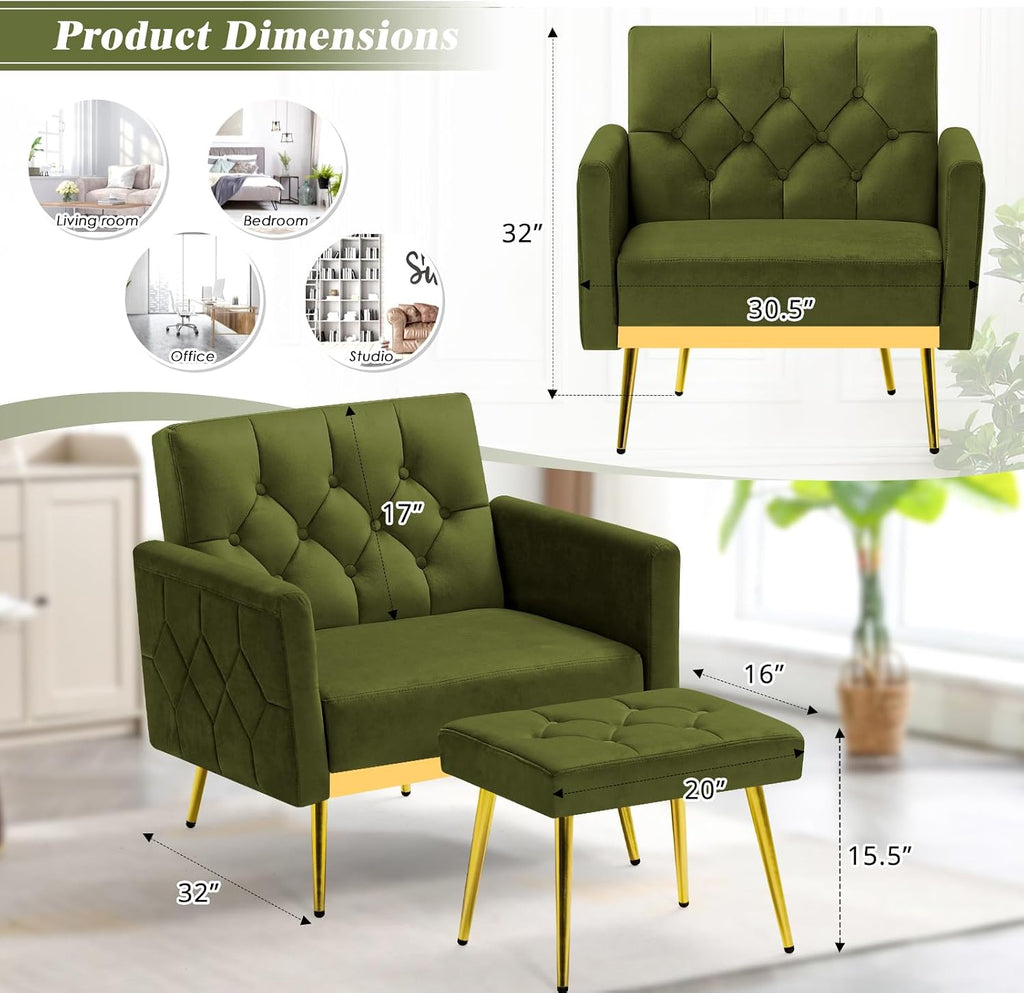 Velvet Accent Chair w/Adjustable Armrests and Backrests, Tufted Single Sofa with Ottoman, Upholstered Reading Chiar