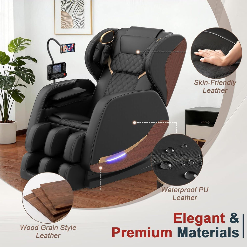 Massage Chair Full Body, 14 Fixed Rollers, Zero Gravity Recliner | Wood Grain Leather, Foot Massage, 5 Auto Modes, 8