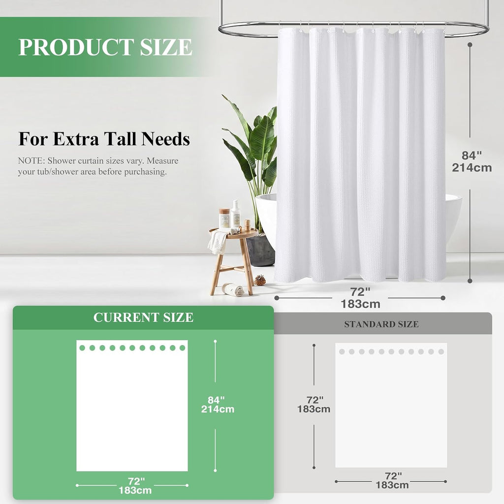 Extra Long Waffle Shower Curtain 256 GSM Fabric 72"x84" White | 84 Inch Long, Thick Polyester Cloth, Weighted Hem