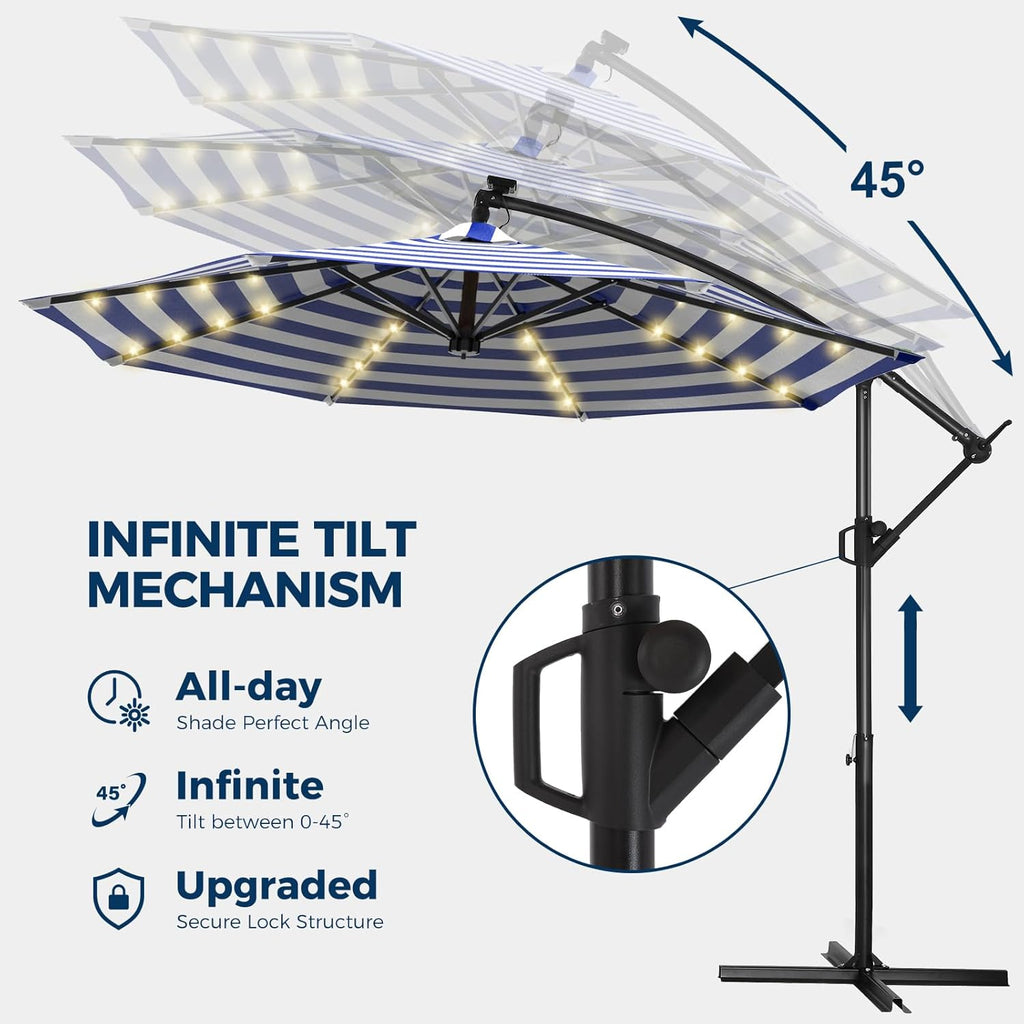 10ft Solar LED Cantilever Patio Umbrella with Base Included, Premium 220GSM Solution-Dyed Fabric