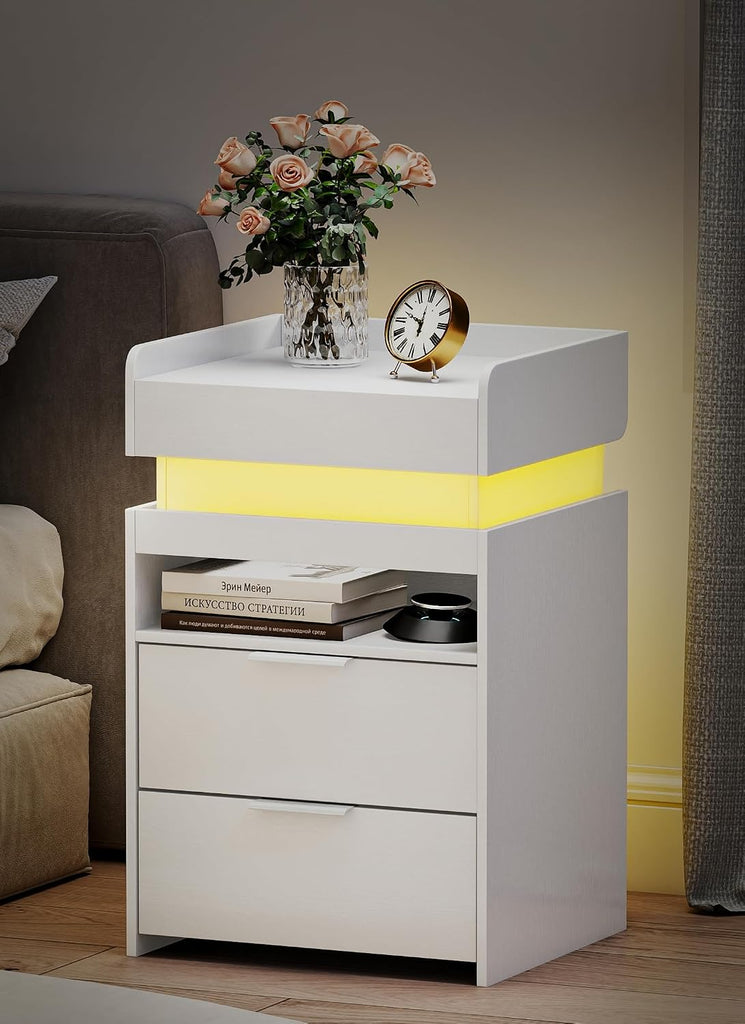 Night Stand with Gun Drawer, Modern Nightstand with Hidden Charging Station, LED Beside End Table with USB and Type-C