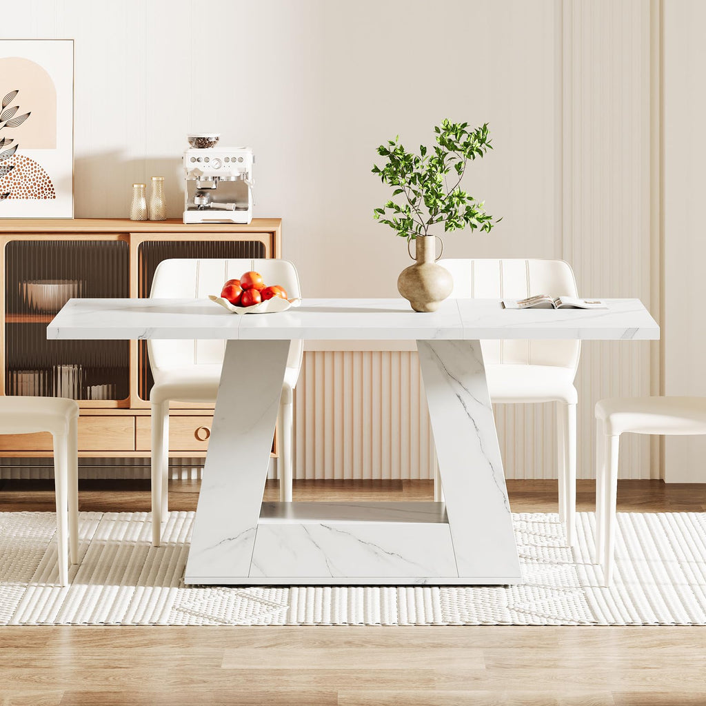 Dining Table for 4 to 6 People, 63" Rectangular Dining Room Table, Modern Wooden Faux Marble Dinner Table with Sturdy