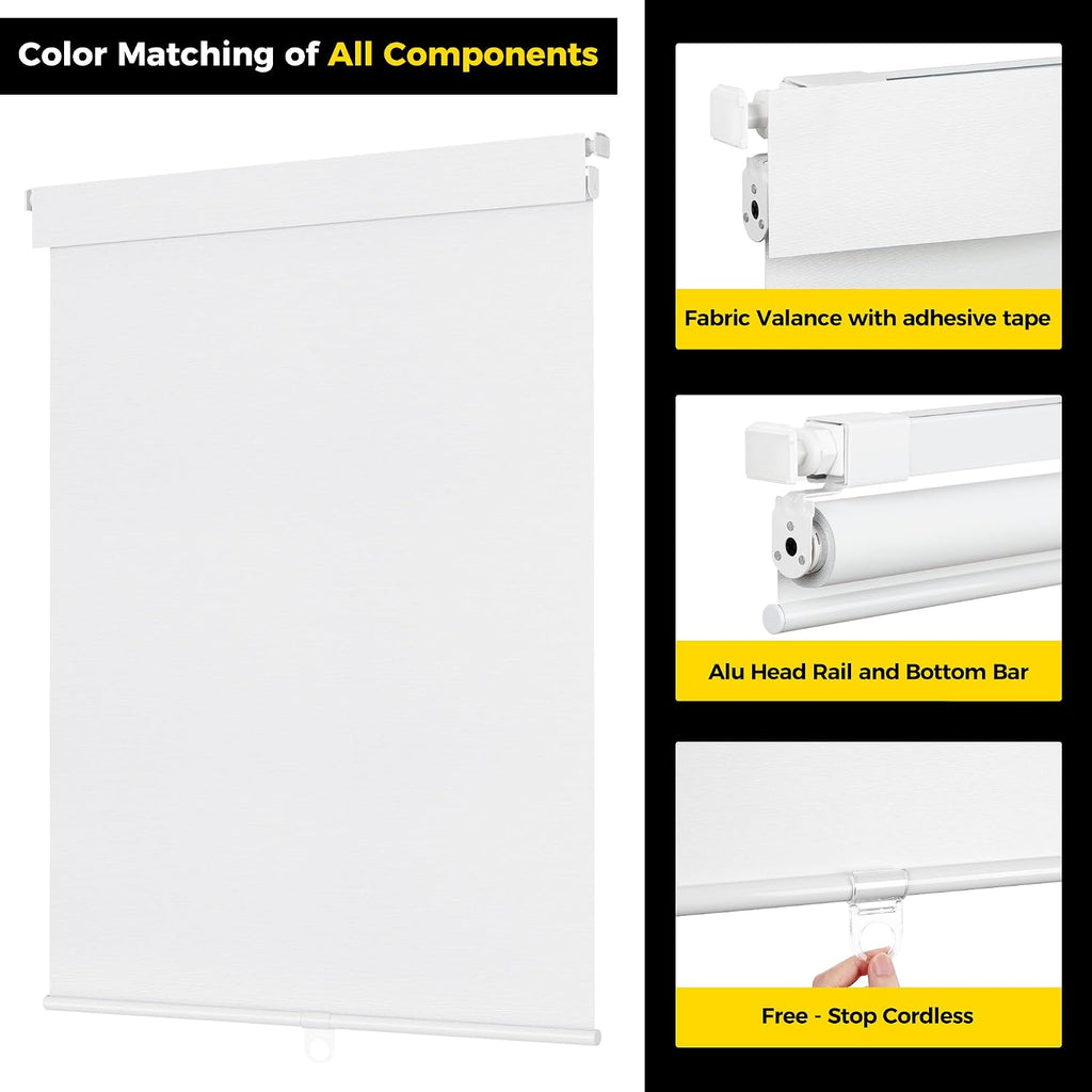 No Tools No Drill Cordless Blackout Roller Shades Windows, Easy to Install, Darkens Rooms, Blocks Heat, and Protects
