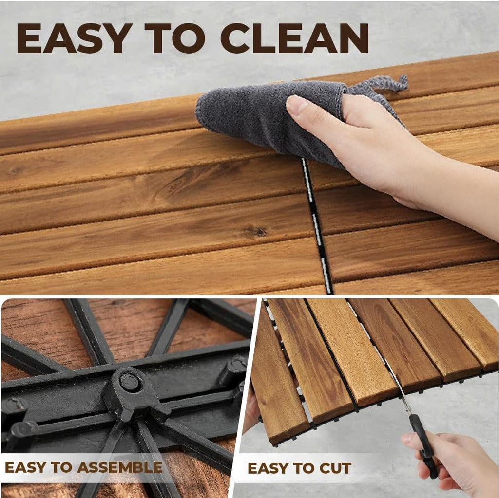 Pack of 10 Deck Tiles - 12"x12" Interlocking Natural Solid Acacia Wood for Outdoor & Indoor, Patio Garden, Balcony