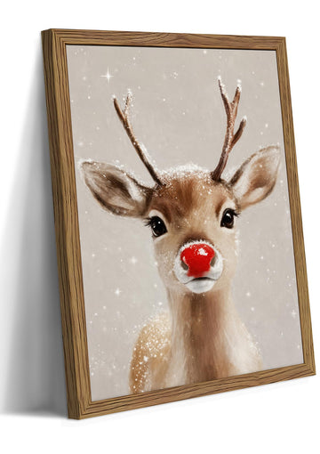 Vintage Christmas Wall Art, Farmhouse Red Nose Reindeer Canvas Wall Decor Painting, Rustic Winter Cute Deer Artwork
