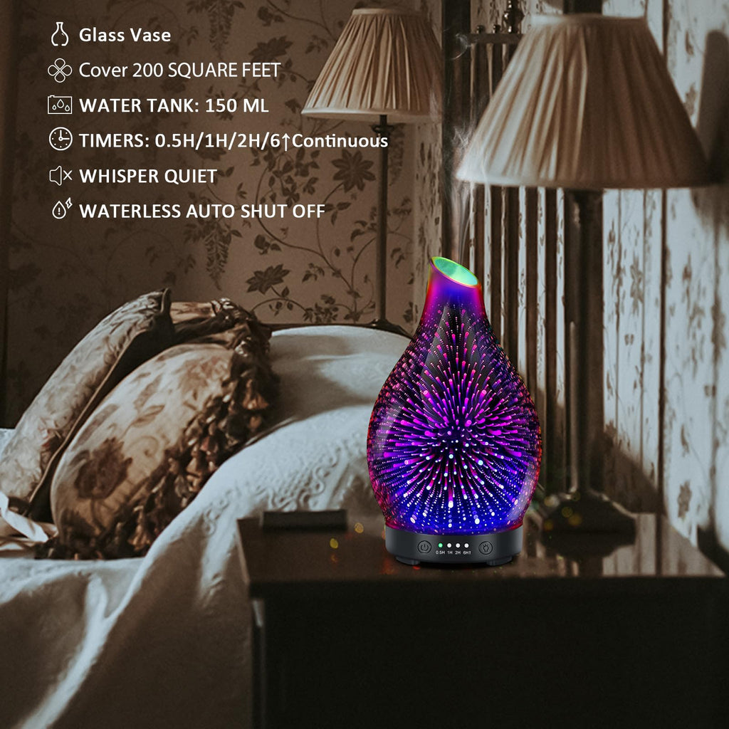 Essential Oil Diffuser -3D Firework Glass Aromatherapy Diffusers for Essential Oils with 4 Timer Setting Auto