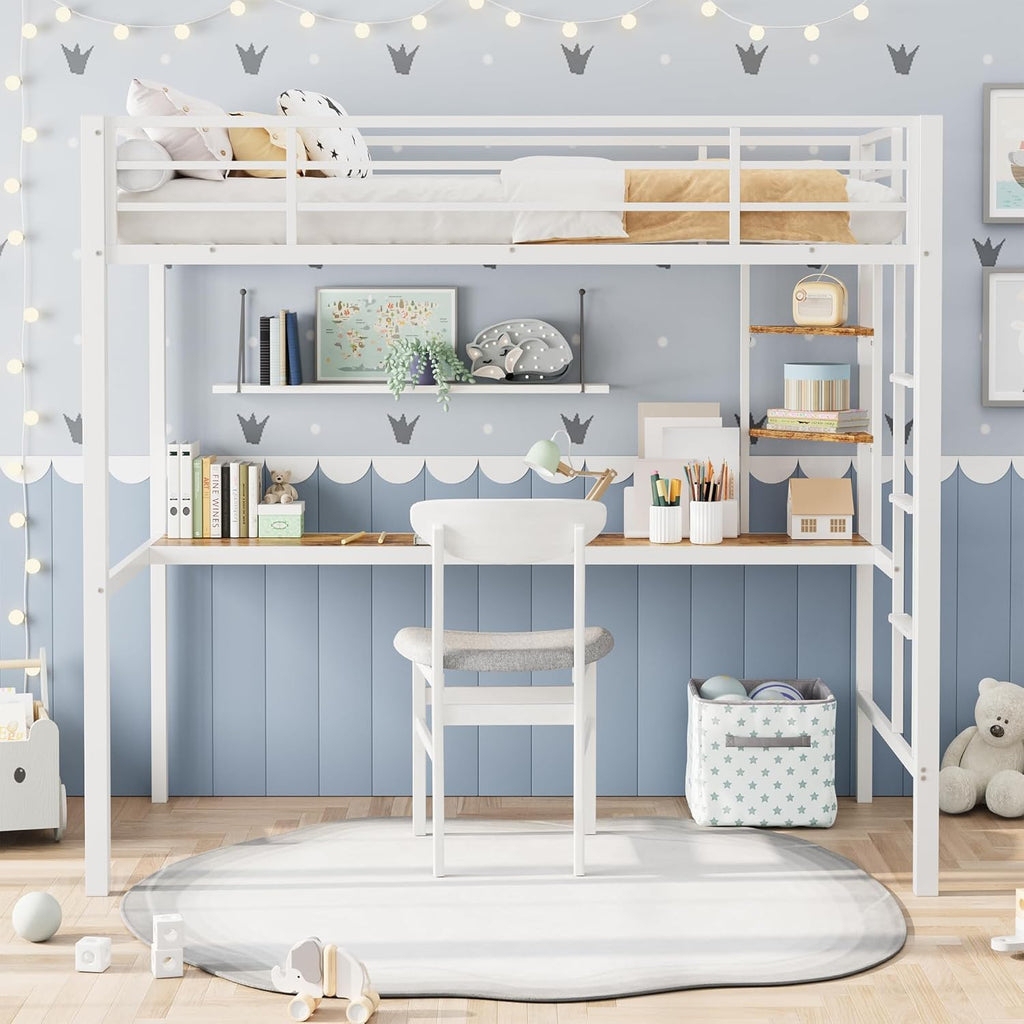 Twin Loft Bed with Large Desk and Storage Shelves