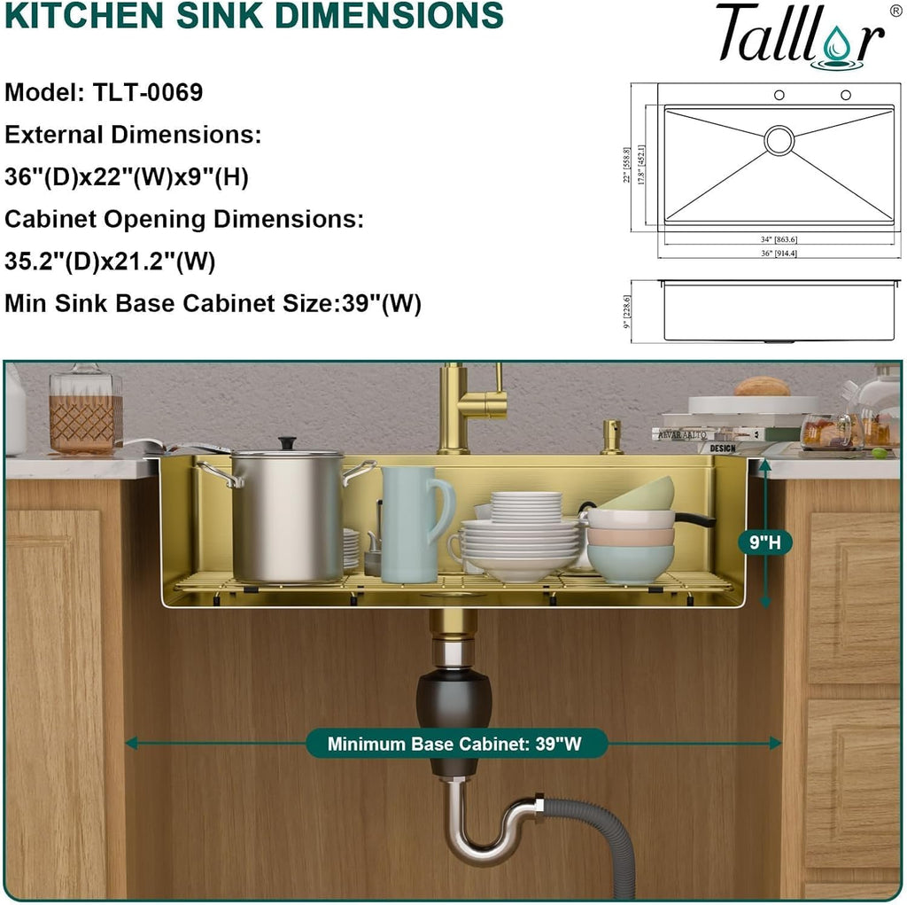 36x22" Gold Drop Sink, Workstation All-In One, SUS304 | 16 Gauge Stainless Steel Single Bowl Topmount Large Kitchen