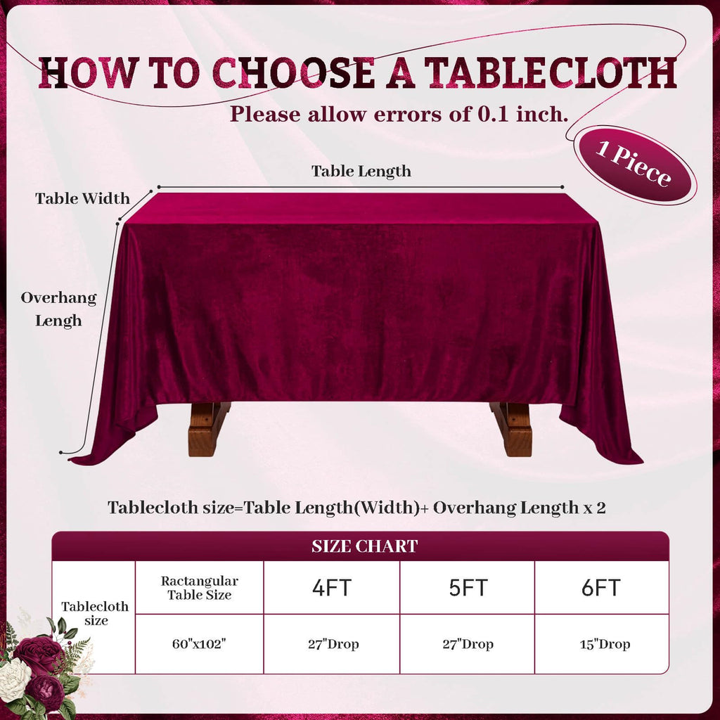 Burgundy Velvet Tablecloth 60x102 Inch Soft Rectangular Table Overlay